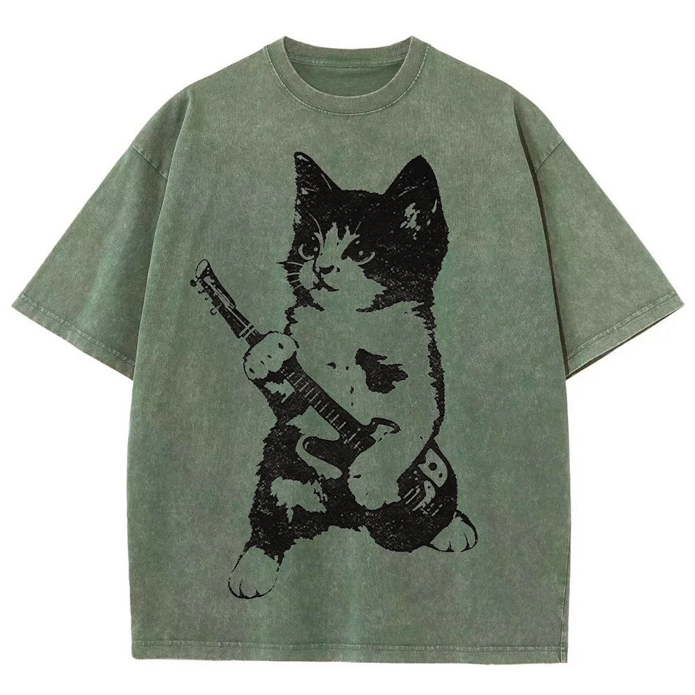 Mens Cat Playing Guitar Graphic T Shirts Kitten Rock Music Electric Guitar Print Cute Animal Casual Short Sleeve Crew Neck Top