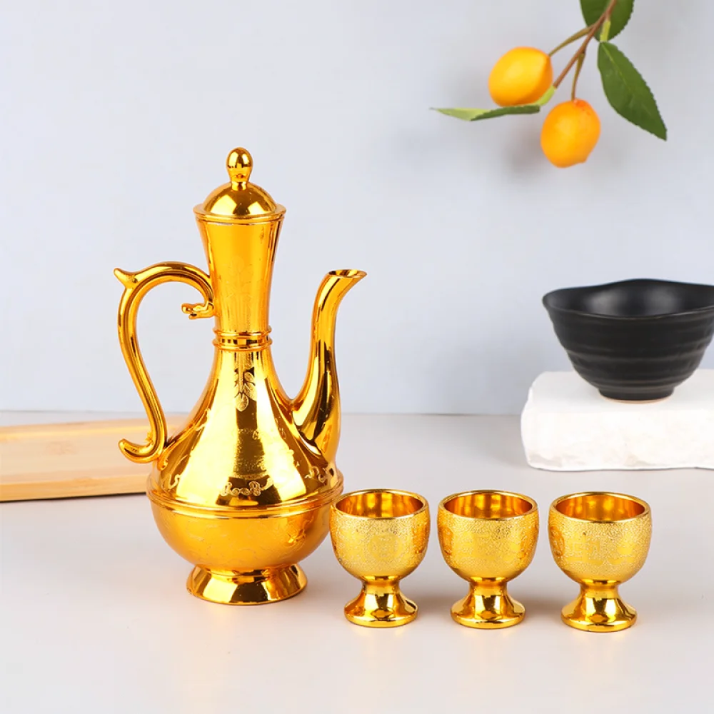 Decorative Plastic Gold Sand Dining Set Offering Tray Wine Kettle Tea Cup Bowl Home Tabletop Ritual Celebration Tableware
