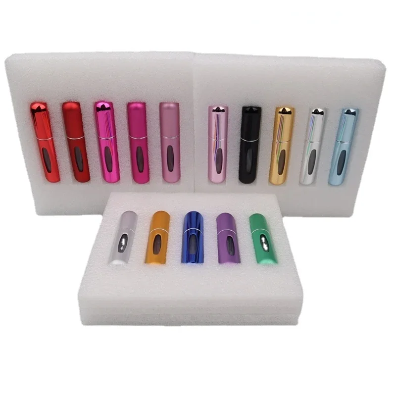 Mini Perfume Portátil Recarga Garrafa, Spray Recarregável, Viagem Alumínio Spray Atomizador, Vazio Cosmetic Containers Tool, 5ml, 5Pcs