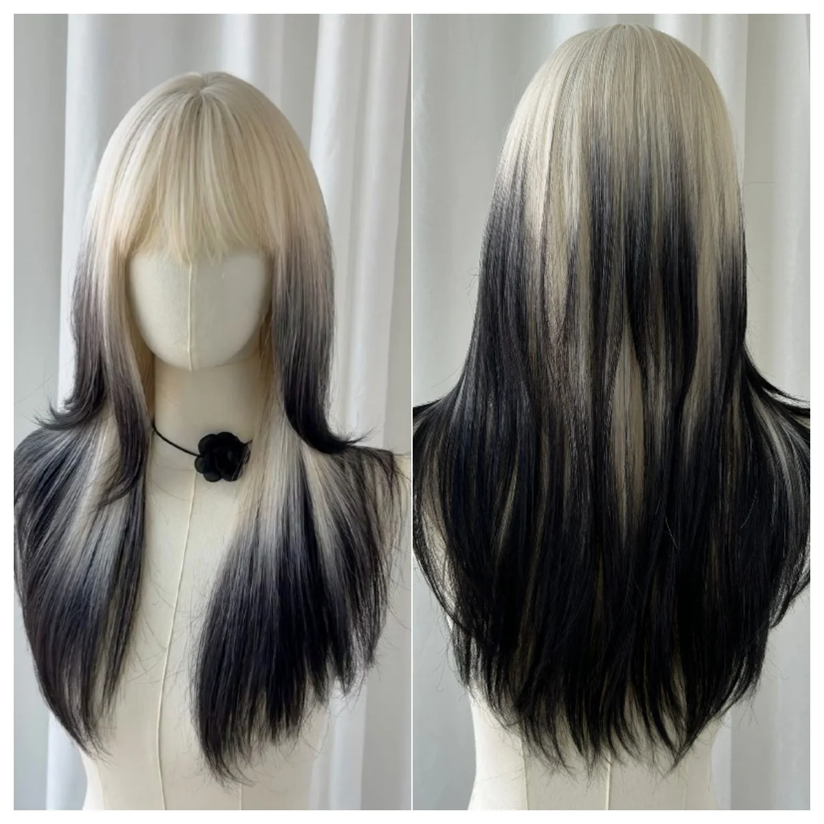 

New Wig Female Long Hair Universal Black and White Gradient Wig Simulation Human Hair Full Head Cover Wigs with Bangs