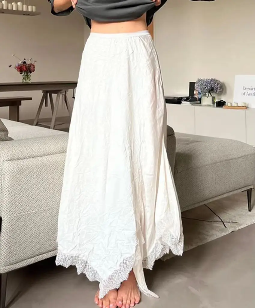 

WXOY Women High Waist Flowing Asymmetric Lace Trim Midi Skirt Elegant Casual Chic Spring Summer Street Outfit