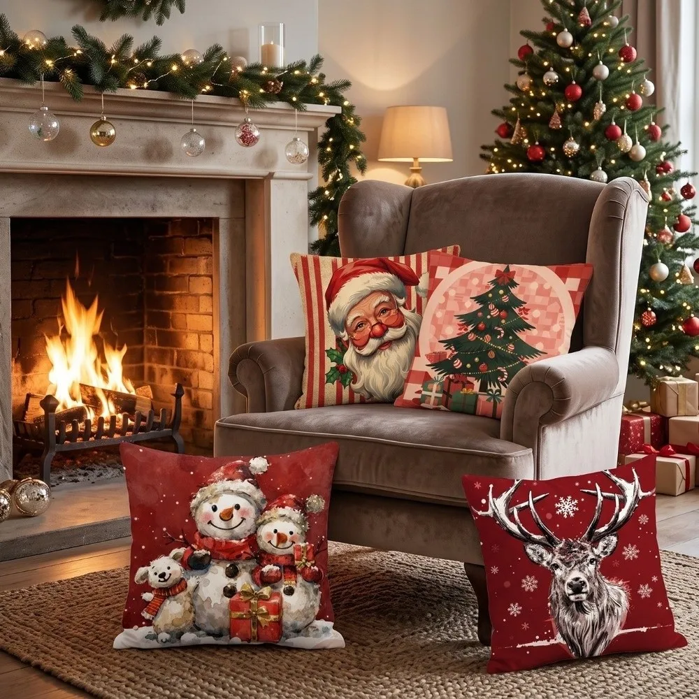 Soft Christmas Pillow Cover Christmas Tree Snowman Throw Cushion Case 45cm 17.72in Bowknot Santa Pillow Cover Living Room Sofa