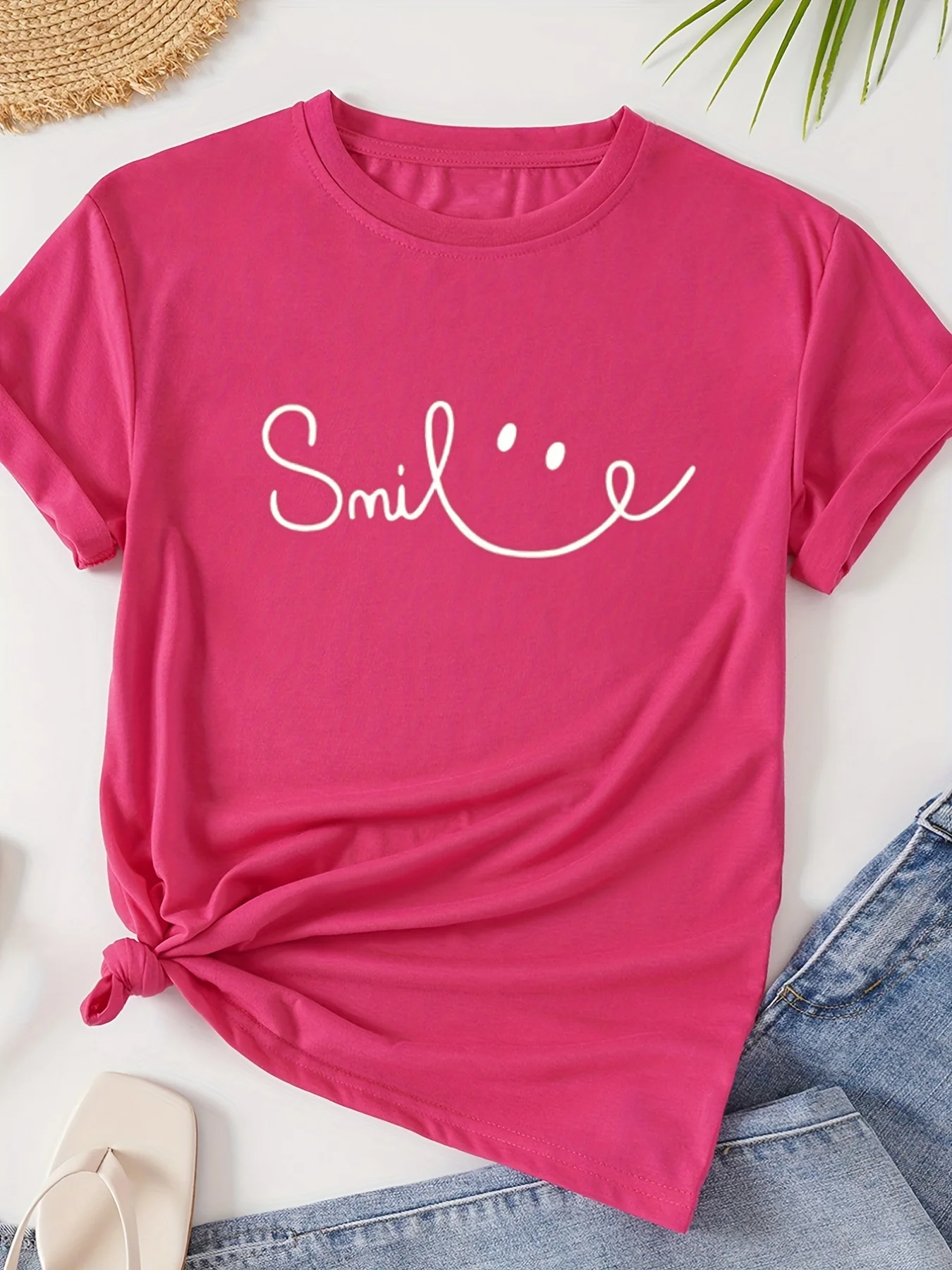 Letter Print Crew Neck T-Shirt, Casual Short Sleeve Top For Spring & Summer, Women's Clothing