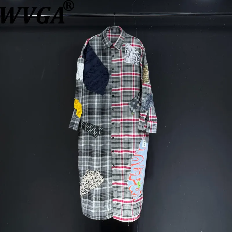 WVGA Spring Autumn New Men Tide Patchwork Plaid Trendy Long Sleeve Shirts Niche Chic Casual Turn-Down Collar Tops Ins Y2K W18801