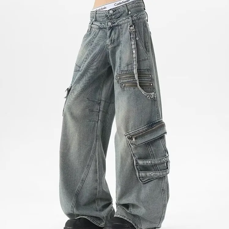 

American Retro Heavy Du Multi ket Zipper Workwear Jeans Loose Straight Leg Wide Leg Long Trousers for Men And Women