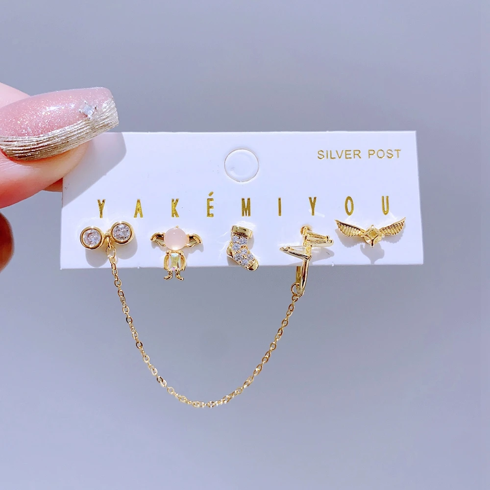 5pcs/set Mixed Cartoon Stud Earrings Gold Color Plated Cubic Zirconia Crystal Women Girls Jewellery