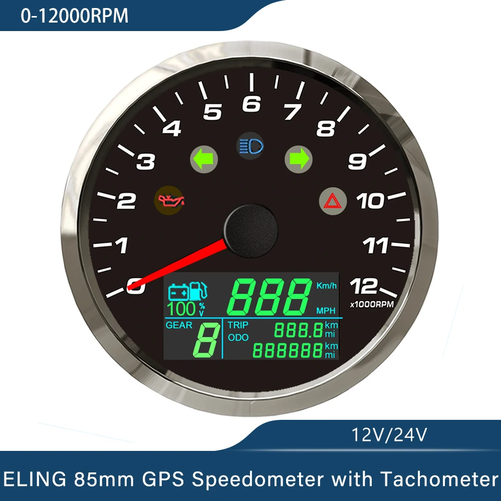 85mm GPS Speedometer 0-299km/h MPH with 0-12000RPM Tachometer Trip Odometer with Gear Number N 1-6 for Car Motorcycle Universal