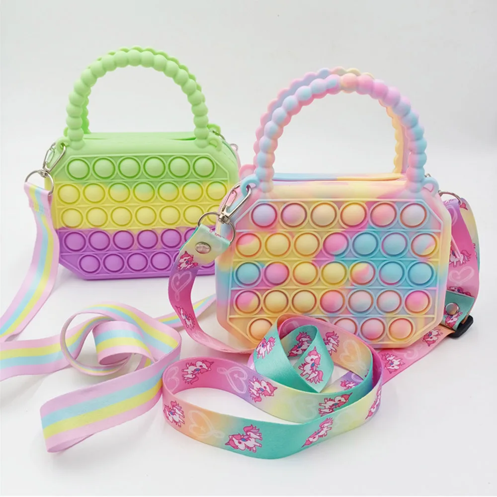 Popite Bag Toys Silicone Bubble Push Crossbody Bag Reliver Autism Ladies Bolsa Children Handbag Coin Pouch Purse Gifts for Kids