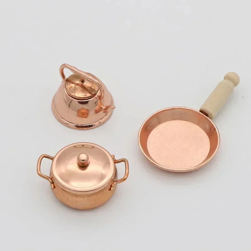 3Pcs 1:12 Dollhouse Miniature Bronze Cookware Set Frying Pan Pot Kettle Kitchen Cooking Accessories For Doll House Decoration