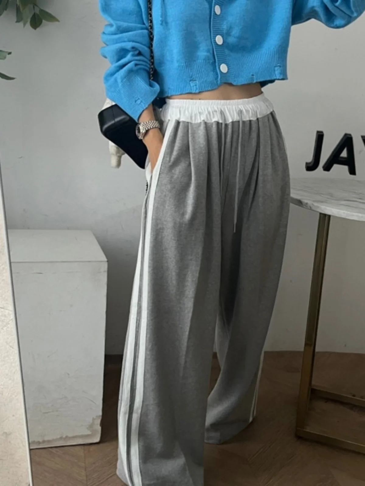 

Korean Sle Women's Casual Pants Side Stripe Dstring Loose Fit Straight Leg Sweatpants High Waist Long Trousers
