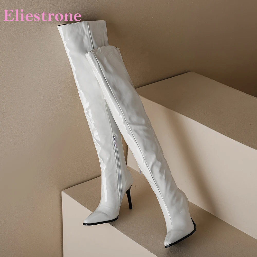 

Женские высокие сапоги с острым носком, черные или белые сапоги до бедра, на высоком каблуке, большие размеры 12 43 47 48