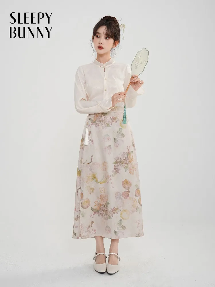 

Watercolor Floral Midi Skirt High Waist Elastic Waistband Slim A-Line Long Skirt for Women Summer Casual Chinese Inspired Outfit