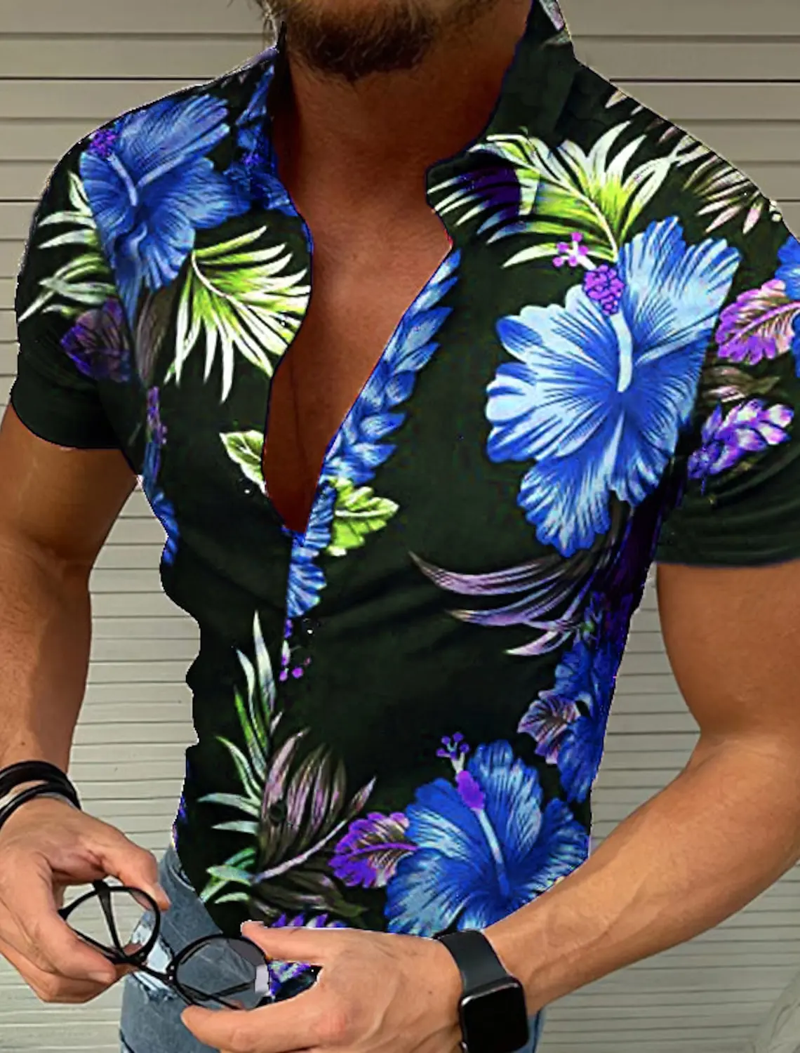 Camisa de botão floral masculina, Street 3D Print, havaiana, tamanho positivo, praia, respirável, manga curta, verão