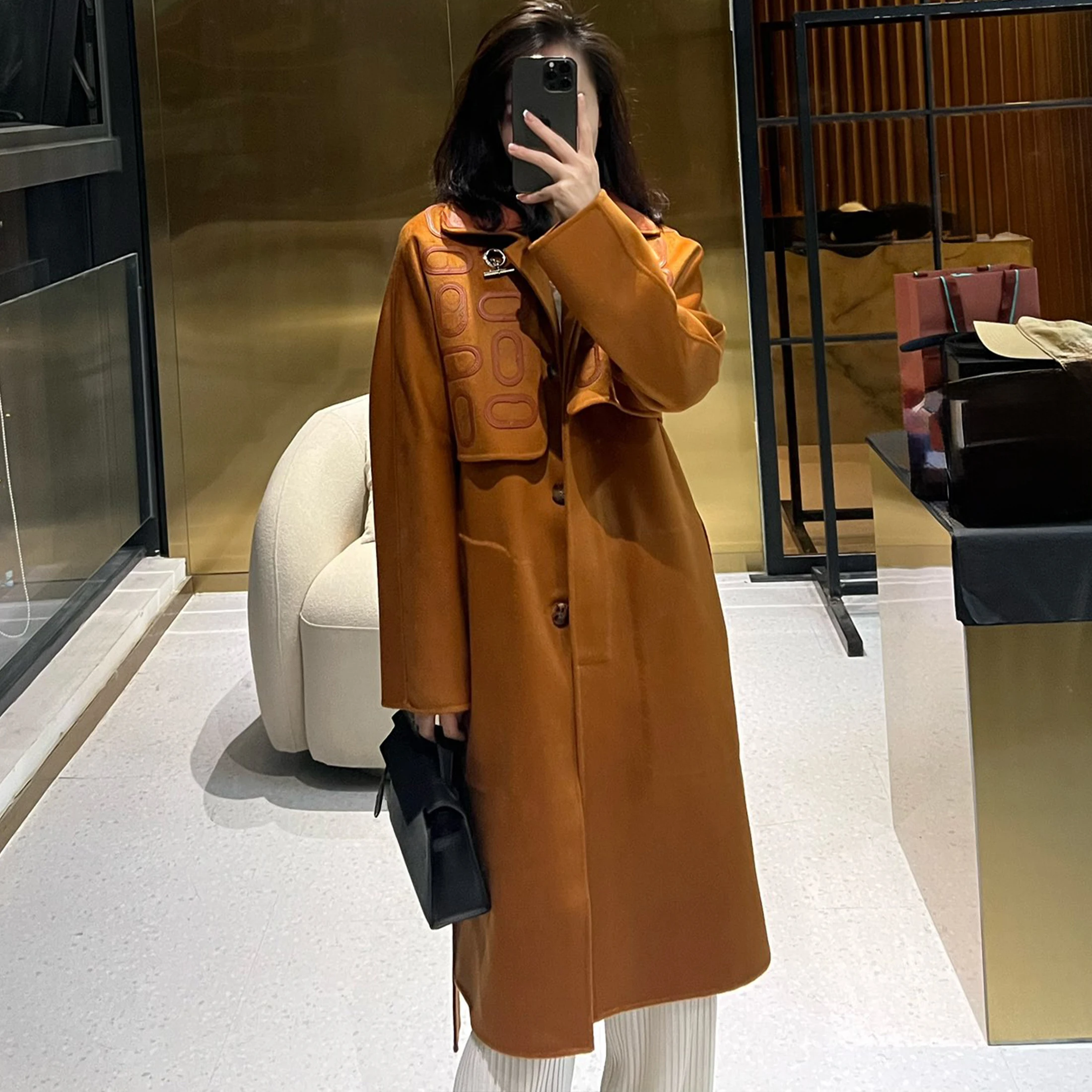 NIGO Women\'s Fall And Winter Two-piece Splicing Lapel Wool Coat Belt Fashion Casual In The Long Jacket Ngvp #nigo9241