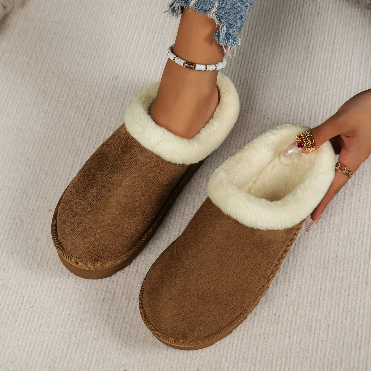 Wintermode Damen Flauschige Dicksohlige Freizeitschuhe, Dicksohlige Rutschfeste und Warme Hausschuhe mit Fellfutter – Detail 4