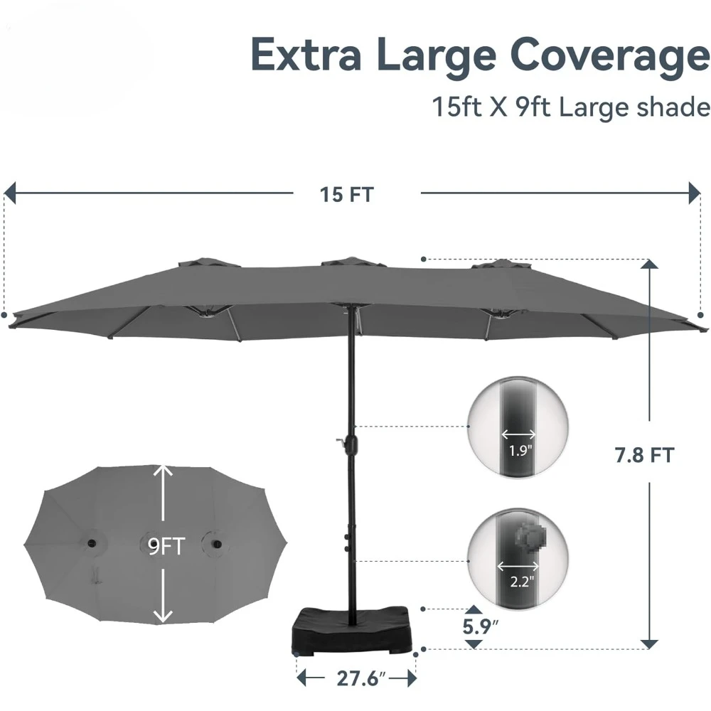 Patio Umbrellas with Base, 15ft, Sided Rectangle Market Umbrella, Fade Resistant, UV Protective, Long Lasting Outdoor Umbrella