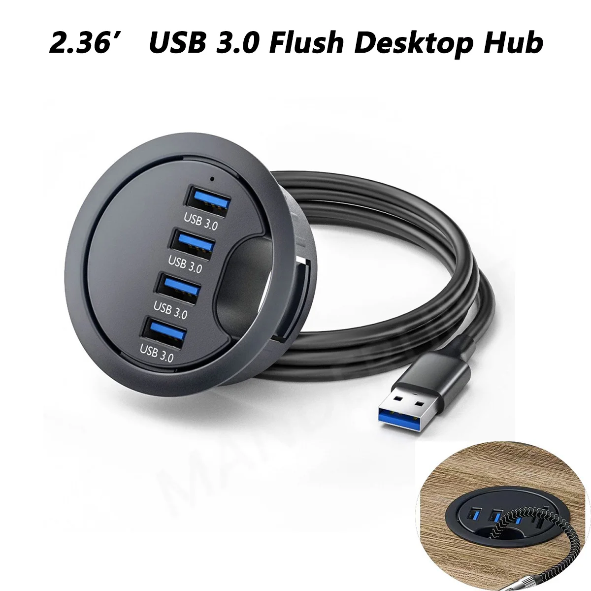 USB 3.0 Flush Mount Desktop HUB USB 3.0 Hub 4 Port USB 60mm Desk Grommet Splitter Dock Station Interface for Desktop PC Desk