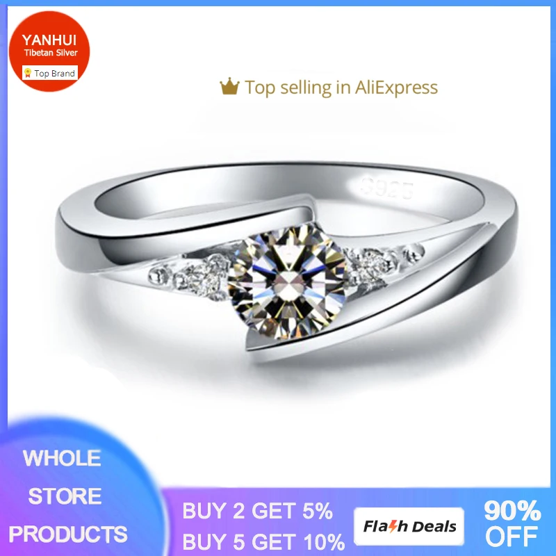 Original Certified Tibetan Silver Ring Round 0.5ct Cubic Zircon  Wedding Band Women Promise Lover Engagement Jewelry