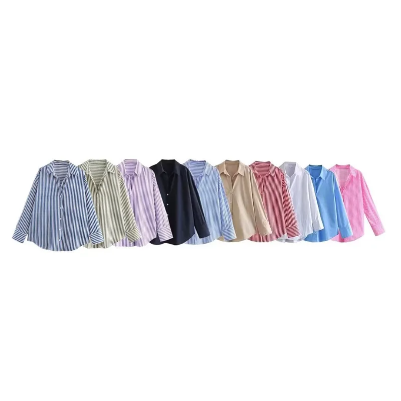

long sleeve lapel loose version poplin shirt multi-color selection 2026 women's spring new Europe-American fashion striped