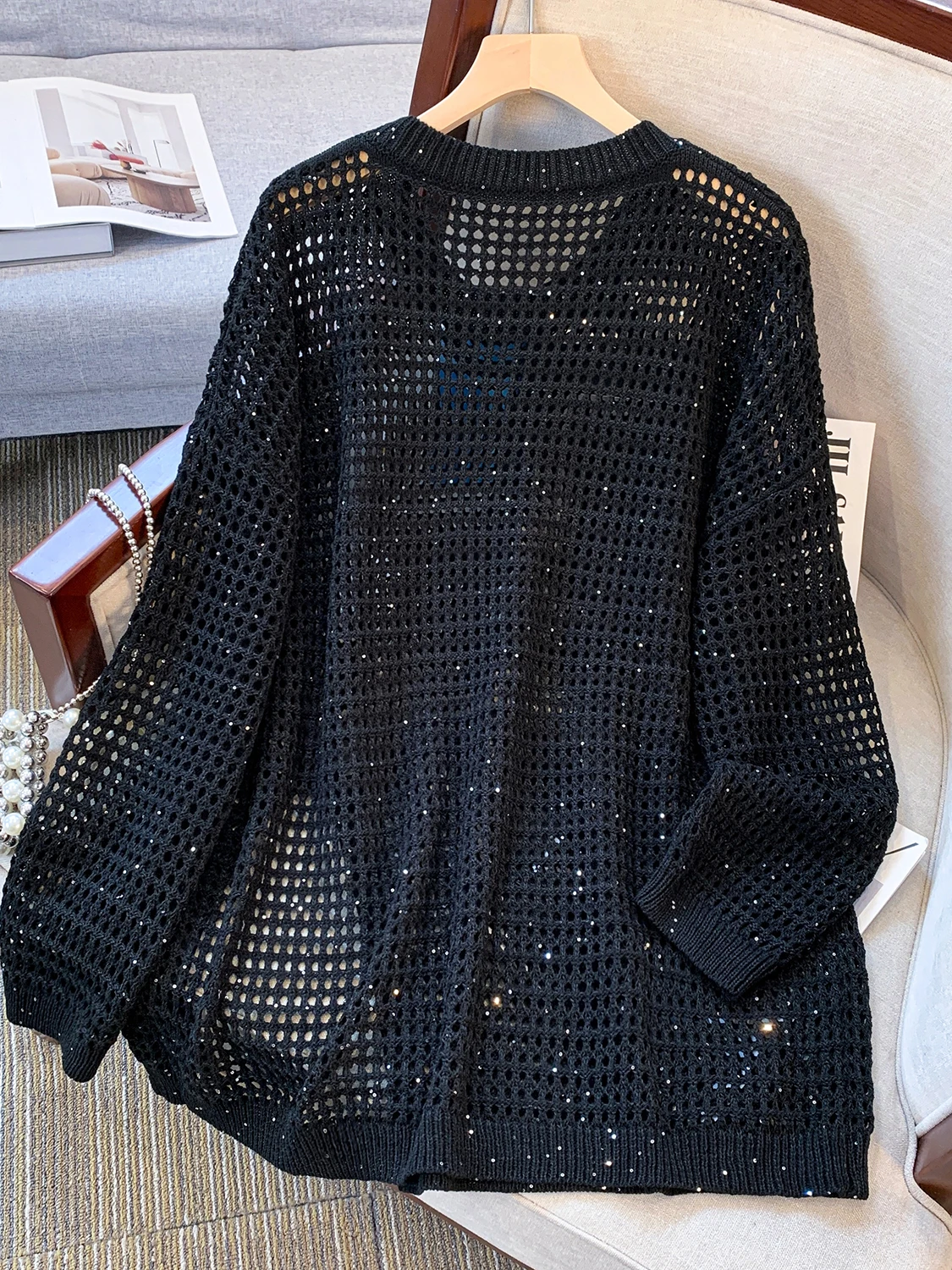 Loose Knitted Sweater Women's plus Size Open Slit Glittery Casual Sle mid Autumn New Arrival Breathable Comfortable Long Sl...