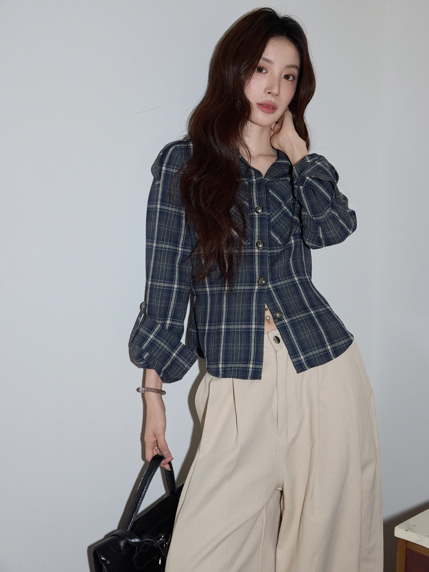 

Женская весенняя повседневная приталенная блузка Chaocha Home Design Early Blue Plaid с длинным рукавом и воротником, для офиса, из полиэстера и хлопка