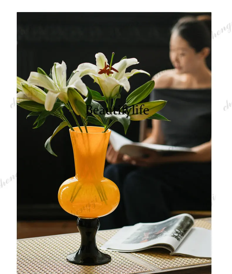 French high-stem glass vase with a sophisticated feel. Vintage glass flower vessel table decoration