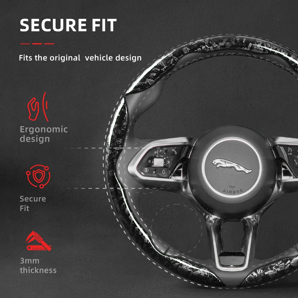 Suitable for Jaguar Forged Carbon Fiber Texture Steering Wheel Cover, Durable Snap-On Quick Installation for I-Pace F-Pace E-Pace Xe Xf F-Type Black Red Gold Interior Accessories