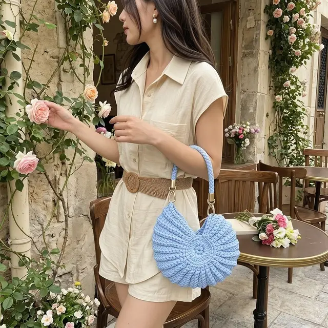 Bolso de hombro de estilo coreano, tejido con conchas, trenzado, calado, de ganchillo, tipo tote, para playa