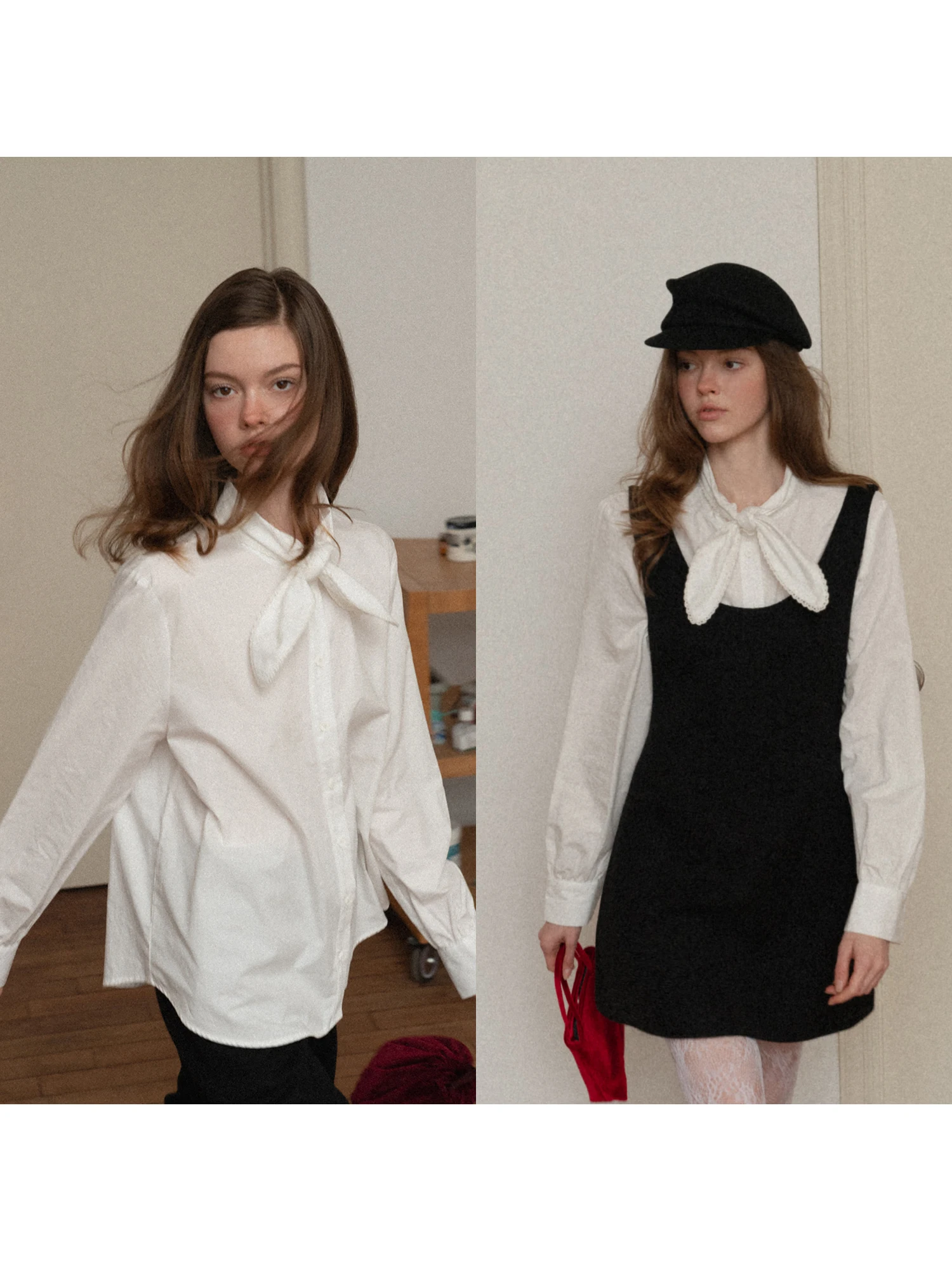 

Eggka White Fleece Long Sleeve Shirt Rabbit Ear Collar Design Commute Loose Layering Top Women's Fashion Cotton Pure Color