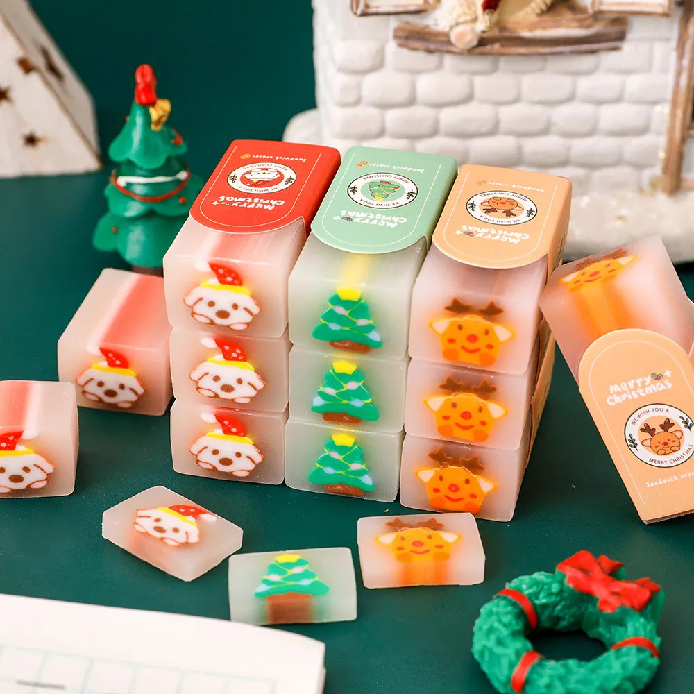 3Pcs/Lot Cute Christmas Sanwich Erasers Wipe Clean Kawaii Cartoon Chritmas Tree Elk Cutting Rubber Pencil Eraser Kids Stationery