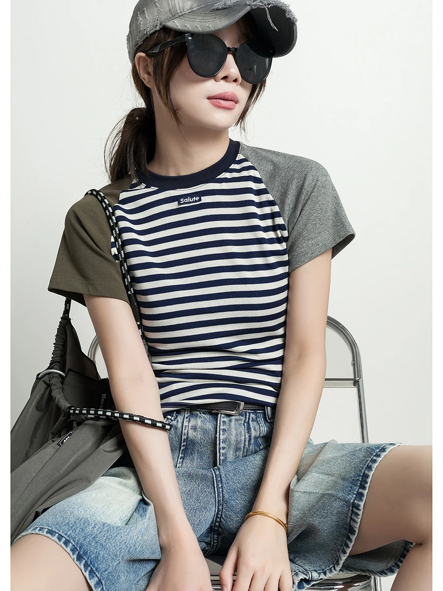 

Модная летняя облегающая женская футболка с цветочным принтом и овальными плечами, круглая женская футболка Ne ort Sve в полоску для поездок на работу Sle Basic irt