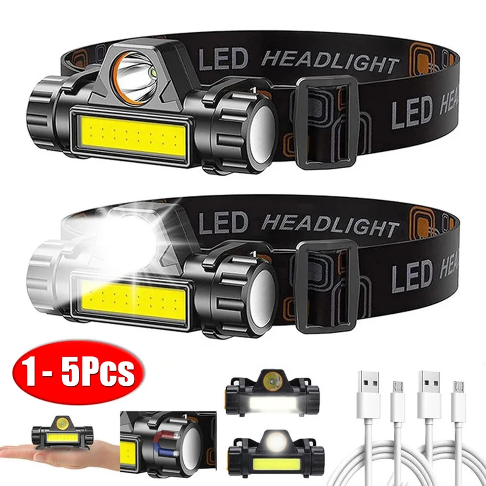 1-5PCS 충전식 COB LED 전조 등 강력한 자기 강력한 헤드 라이트 야외 낚시에 대 한 슈퍼 밝은 방수 헤드 토치