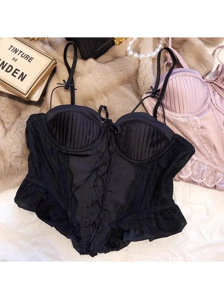 

French Retro Lace Bralette Sweet Spicy Padded Bra Top with Adjustable Strap Versatile Layering Small Bust & Outerwear Lingerie