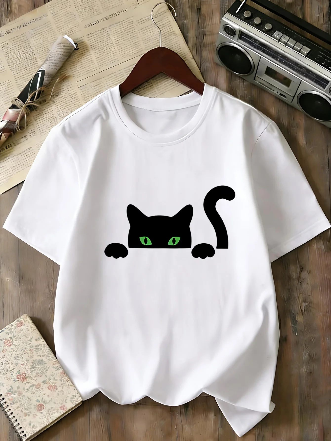 Peeking Black Cat Kids Tee Cute Animal Graphic Print Boys Girls Family Matching Cotton Summer Short Sleeve Basic Children Tshirt