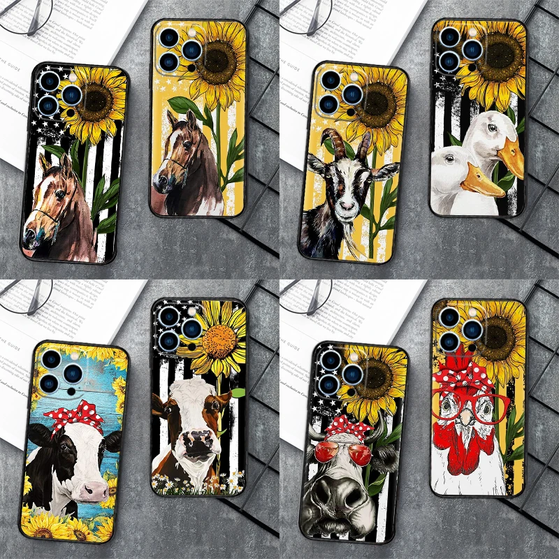 Sunflower Donkey Pig Cow Horse Case For iPhone 16 15 13 12 Mini 11 14 Pro Max XS Max X XR Plus Soft Phone Cover