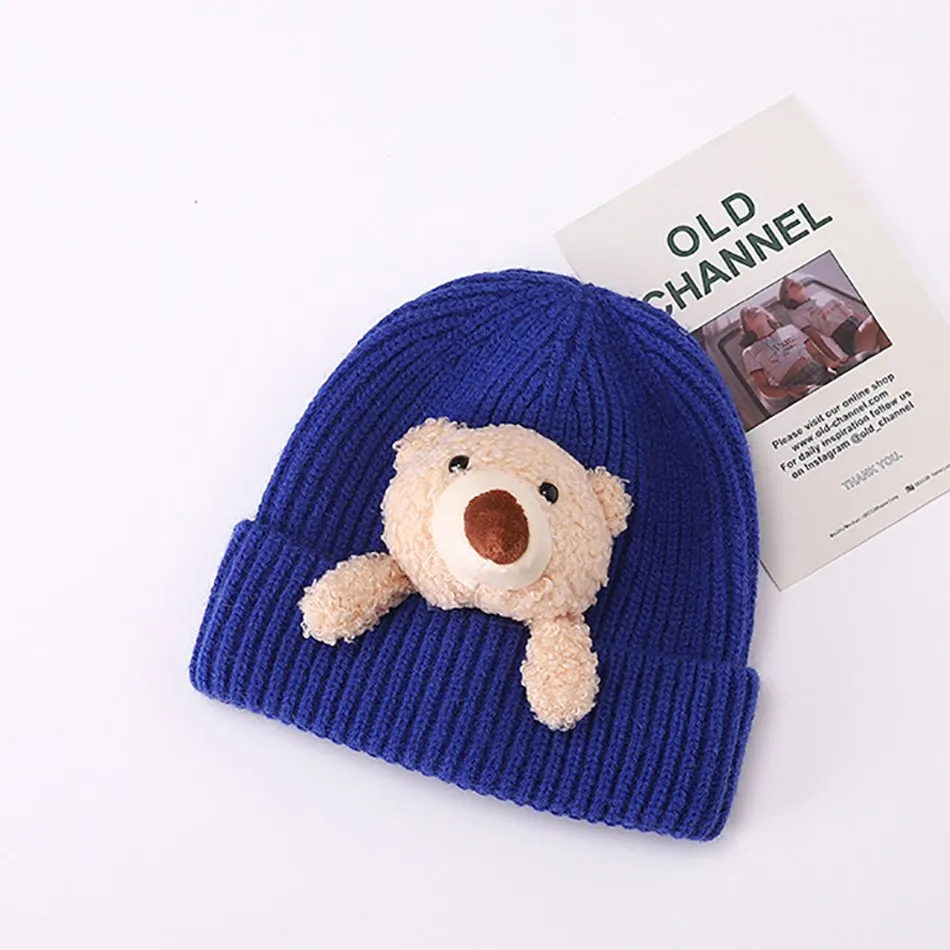 Kids Hats Caps Baby Newborn Knitted Hat Autumn Winter Baby Boys Girls Warm Windproof Hats Children Cartoon Bear Solid Color Hat