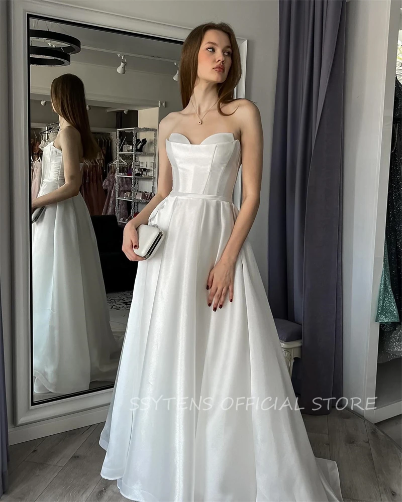 Elegant Satin A Line Long Wedding Dresses Dress Strapless Women Bridal Bride Gowns Princess Vestido de noiva Dress Plus Size