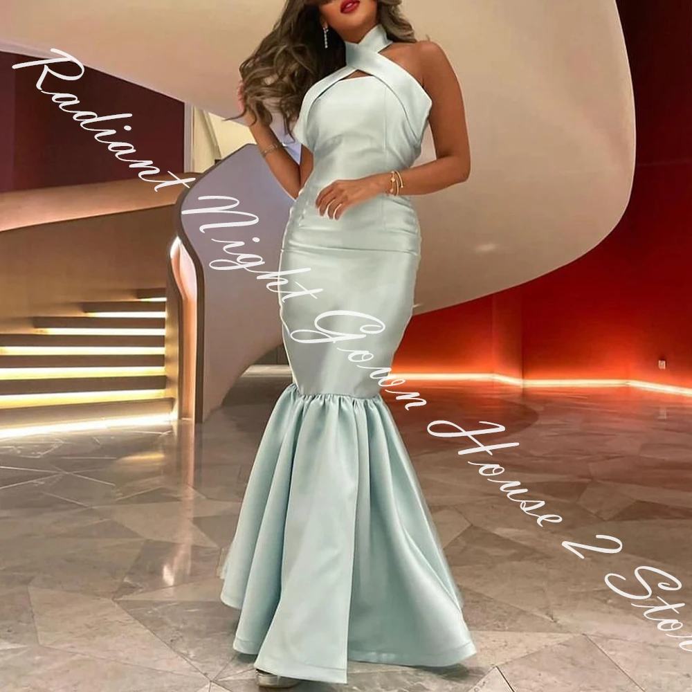 Exquisite Satin Mermaid Halter Evening Dress Floor Length Sleeveless Sweep Train Solid Color Party Gowns Saudi Arabia 2024