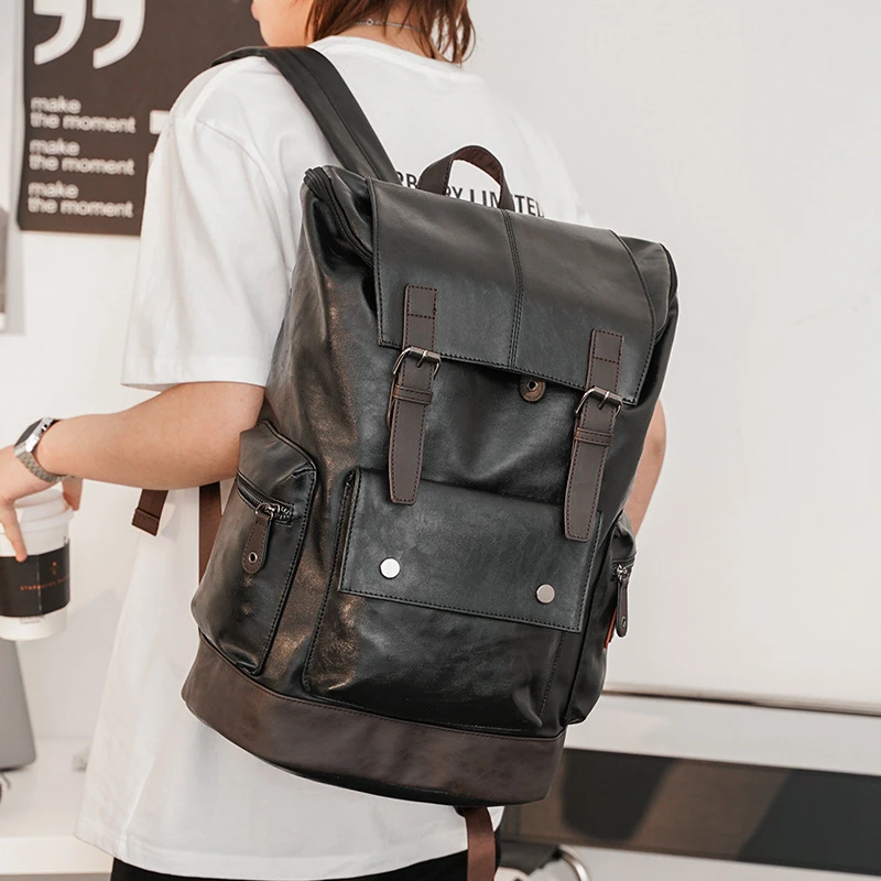 Luxury Brand Leather Men Backpack Youth Large Capacity Travel Backpack Boy Laptop School Bag Male Business Shoulder Bag Black