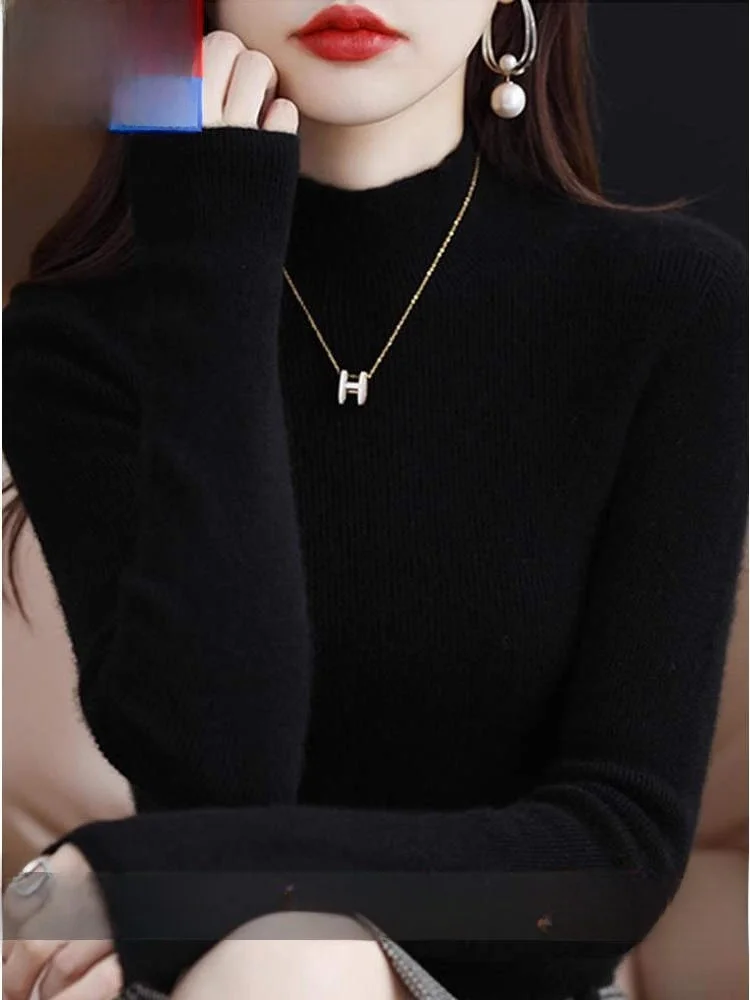 Thiened suéter de malha de lã feminino fino ajuste f gola alta outono inverno quente cor pura camere mistura base irt