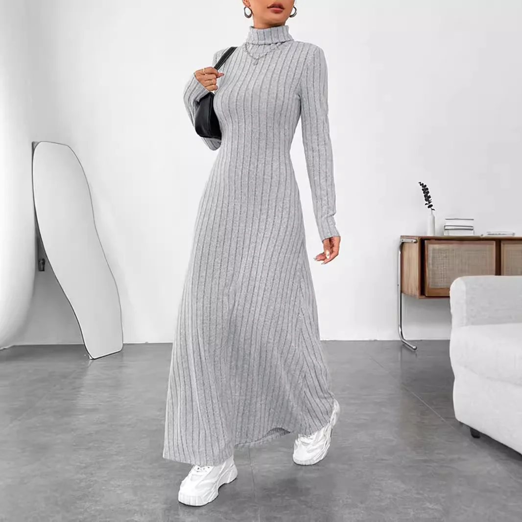 Fashion slim a-line Maxi Dress for Women autumn winter Solid turtleneck collar Bodycon Dress long sleeve elastic Knitted Dresses