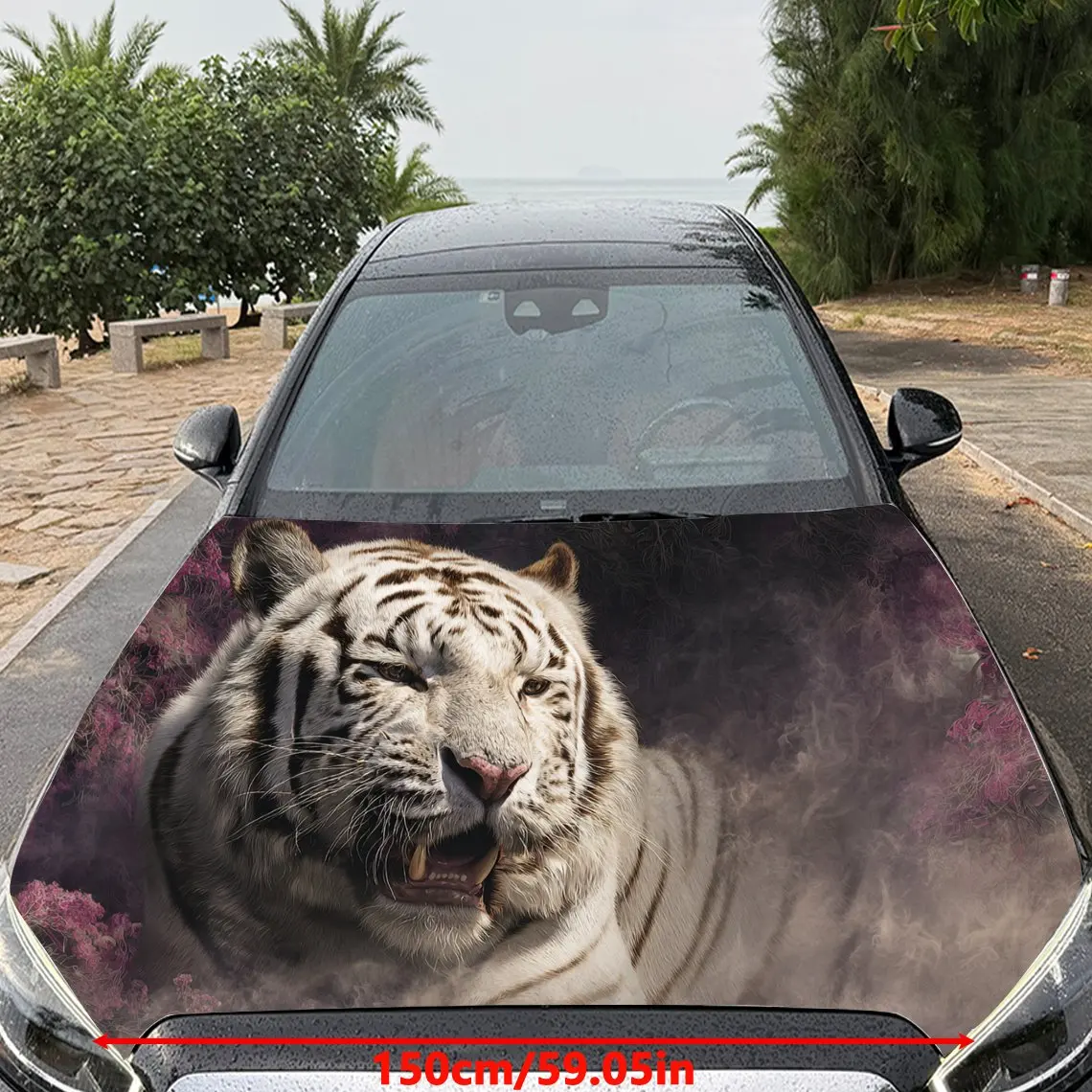 Car Decals A White Tiger Delivering Fierce Roar And Dramatic Atmosphere In A Dynamic, Smoke - Enveloped Composition Car Hood Sti