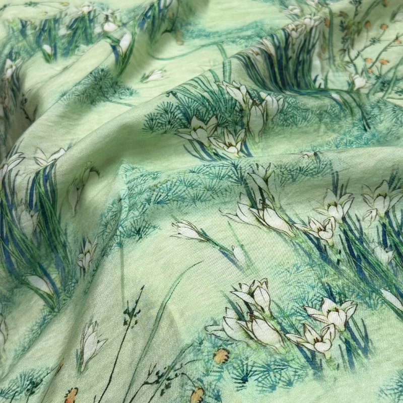 Green Orchid Grass Painting Lyocell Linen Fabric Soft Drapey Lightweight Breathable Spring Summer Shirt Dress Qipao DIY Sewing