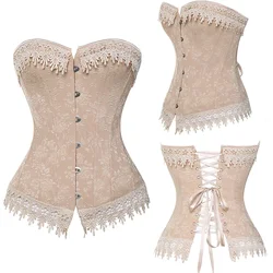 Women Lace Up Corsets Bustiers Overbust Waist Trainer Embroidery Tummy Slimming Boned Corset Burlesque Shaper