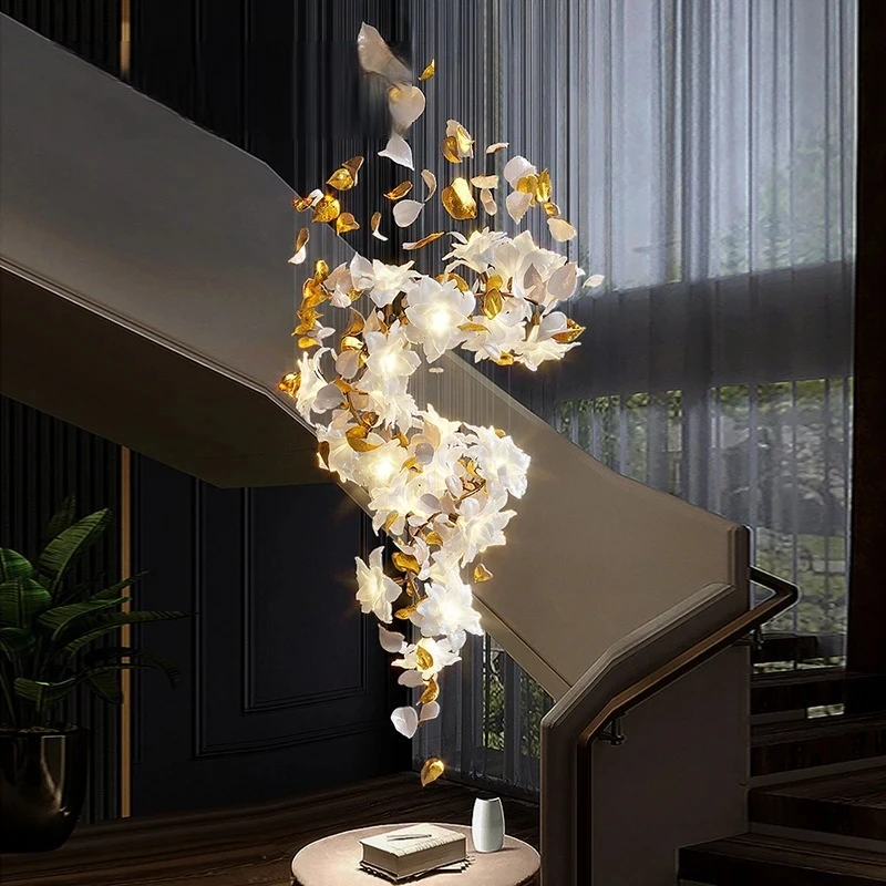 

Loft Crystal Ceiling Chandelier Light For Stairscase Living Room Modern Luxury Villa Hotel Flower Crystal Hanging Chandelier