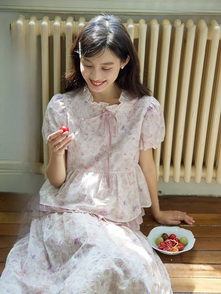 

Новинка: комплект из хлопковой блузки и юбки с цветочным принтом для женщин, весна-лето, с воротником-стойкой на пуговицах