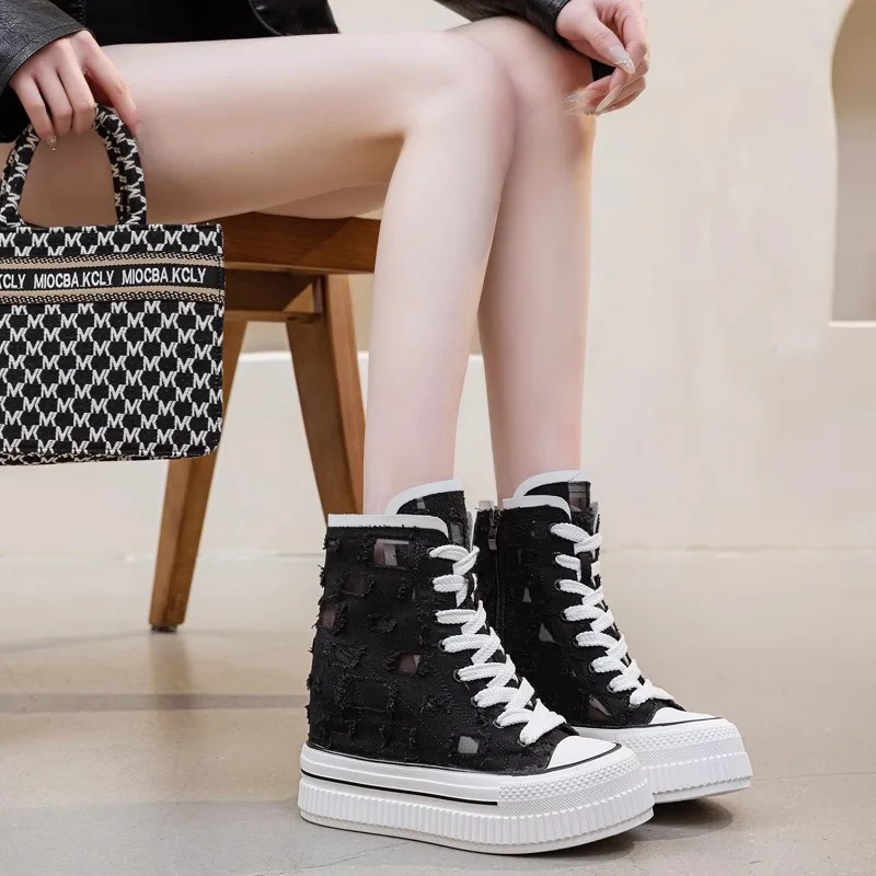 

CHABELLA Height Increase 13cm Women's High Top Canvas Shoes Design with Buckle and Zipper Simple Women's Shoes 2025 Casual Shoes