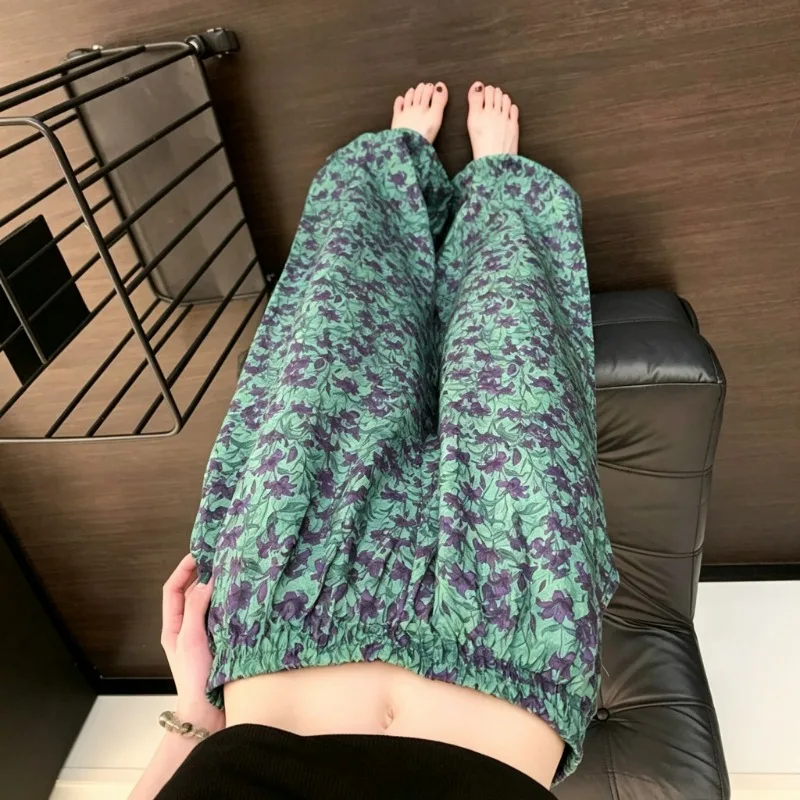 Spring Autumn Women Comfy Soft Sleep Trousers Purple Lily Floral Print Elastic Waist Breathable Wide‑Leg Home Loungewear Pants