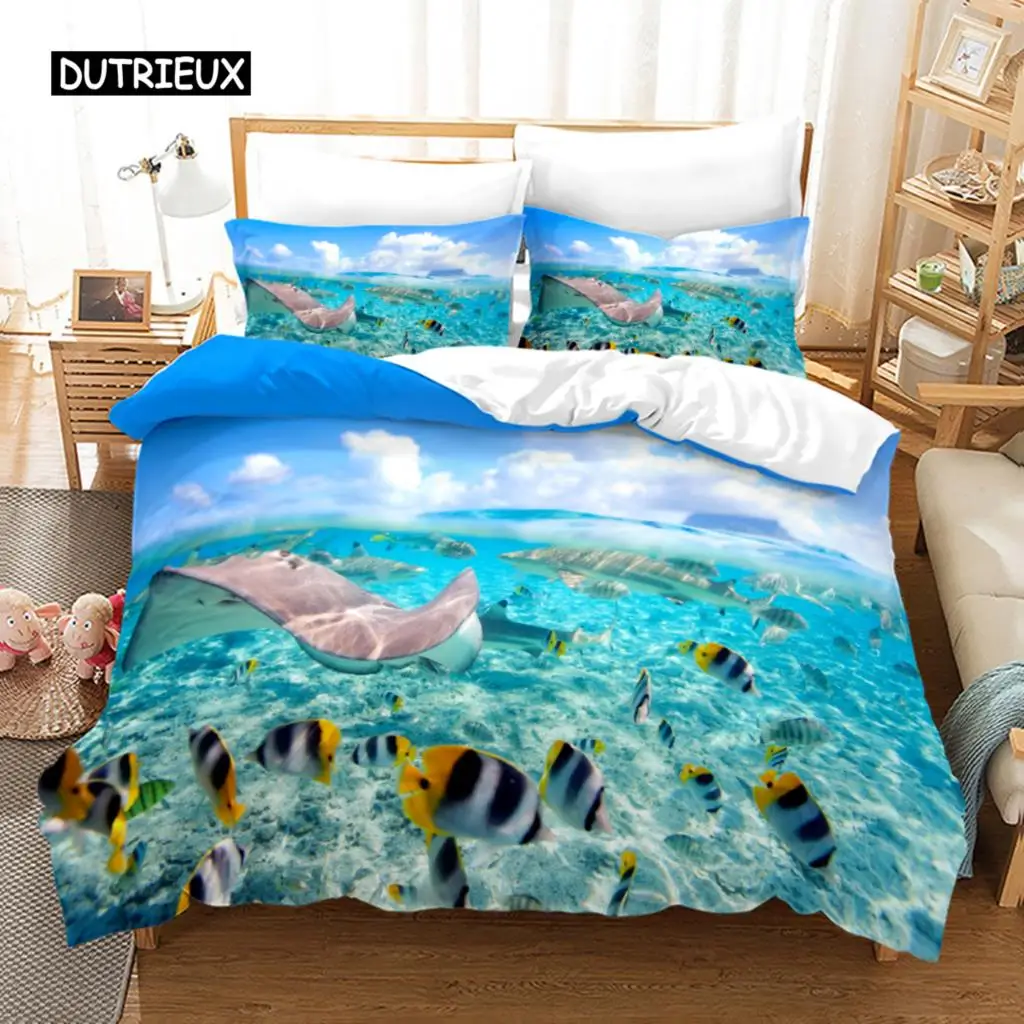 

Ocean Duvet Cover Set Polyester Underwater World Clownfish Shark Quilt Cover Sea Animal Theme Double Queen King Size Bedding Set