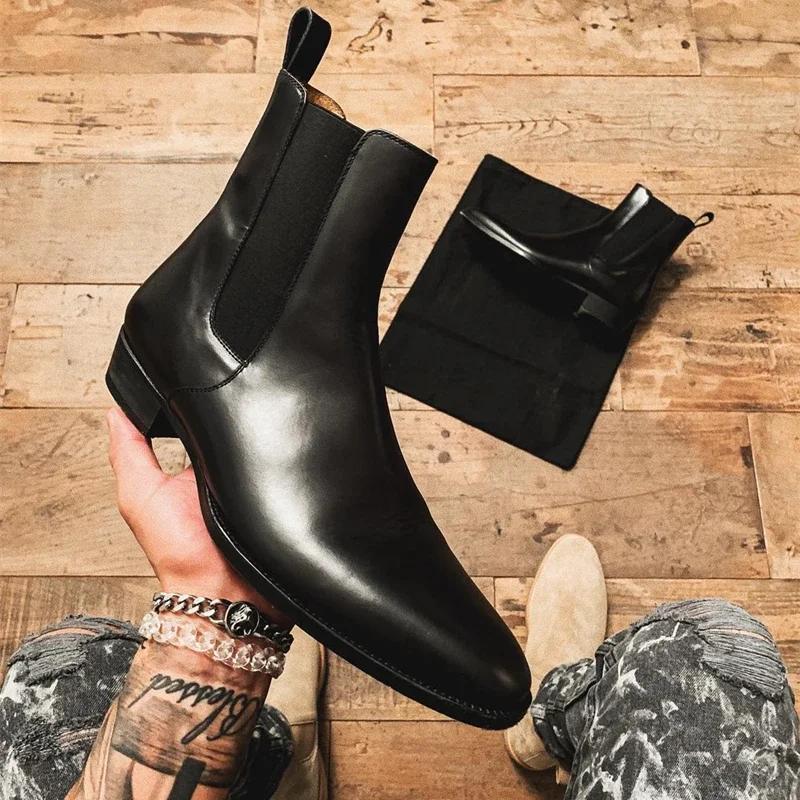 Chelsea Boots Men Handmade Business Black Red Slip on Flock Pu Cowboy Boots Sapato Masculino Men Boots